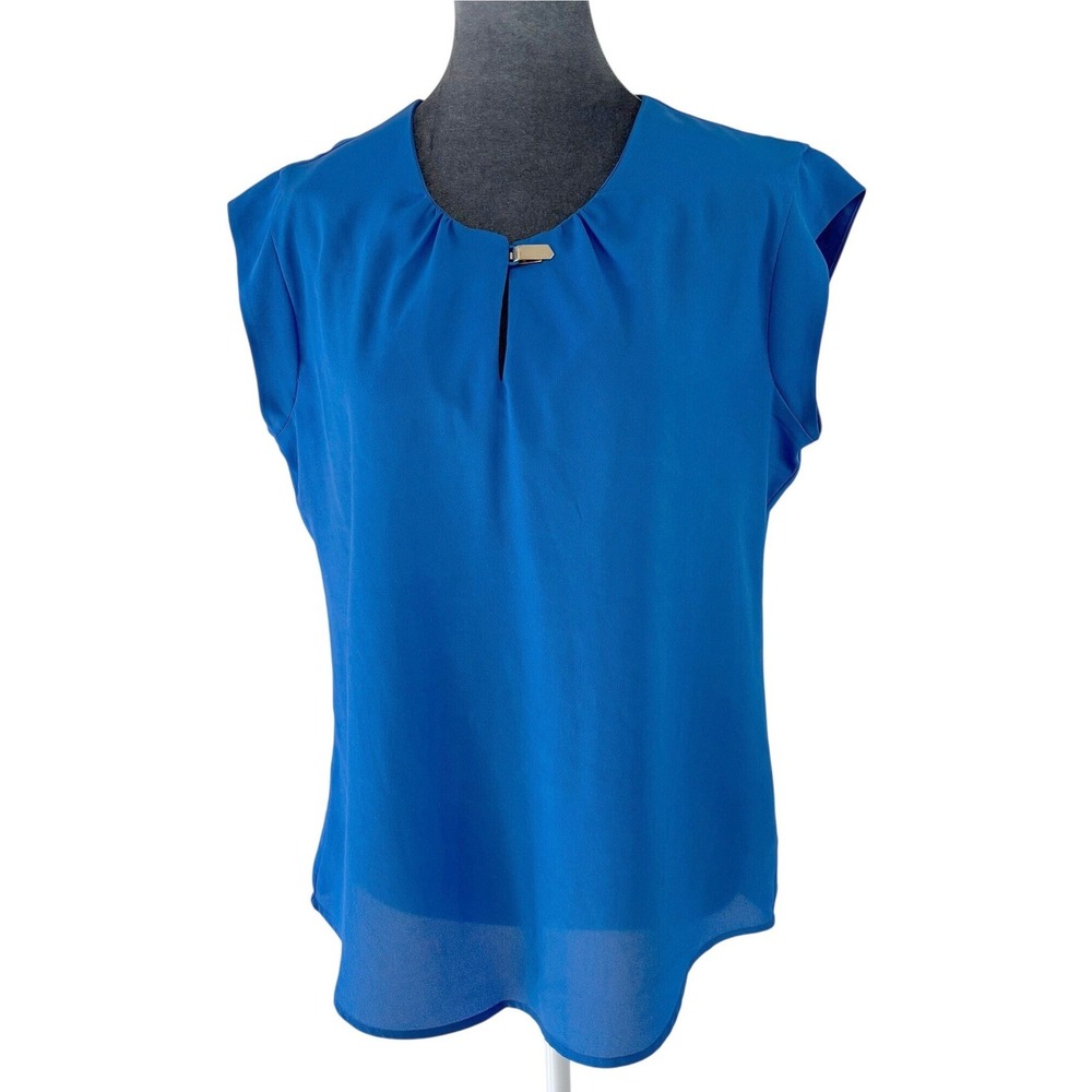 Outback Red Womens Blue Cap Sleeve Keyhole Office Blouse Silver‎ Clip Closure M